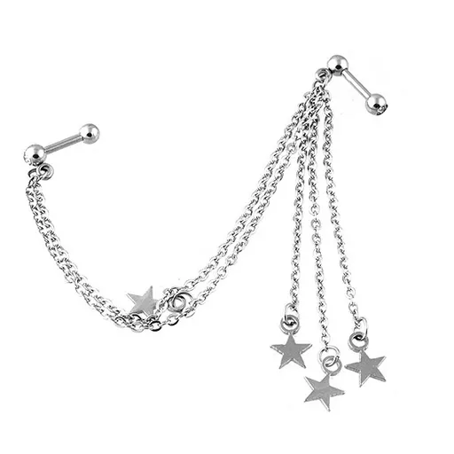 Ocelový piercing do ucha - zirkony, hvězdy na řetízku
