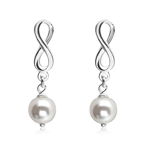 Stříbrné náušnice 925, lesklý symbol nekonečna, bílá kulatá perlička