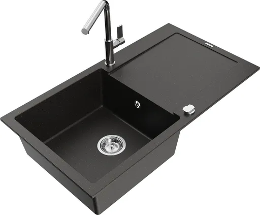 MEXEN/S Leo granitový dřez 1 s odkapávačem včetně baterie Flora, černá/zlatá metalik 6501-75-670401-00