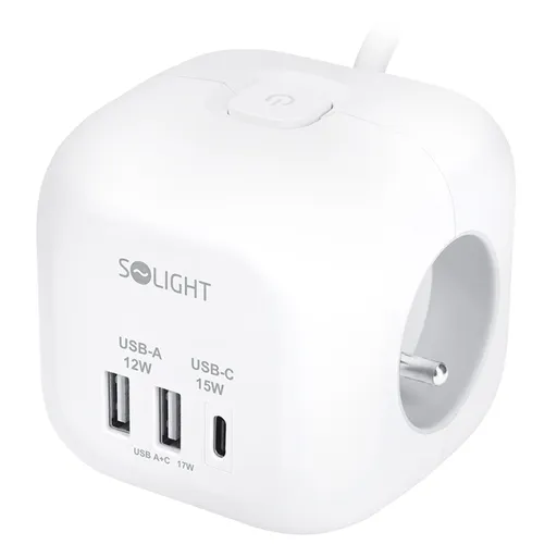 Solight 3z + USB A+C prodlužovací přívod - kostka, kabel 2m, 3 x 1mm2, bílý, vypínač PP145C