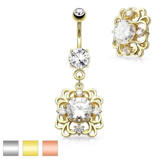 Piercing do pupíku z oceli 316L, filigránový obdélník, broušené čiré zirkony - Barva piercing: Zlatá