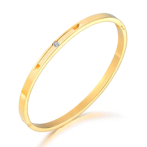 Oválný náramek z oceli ve zlaté barvě - výřez s kubickými zirkony, kloubové zapínání