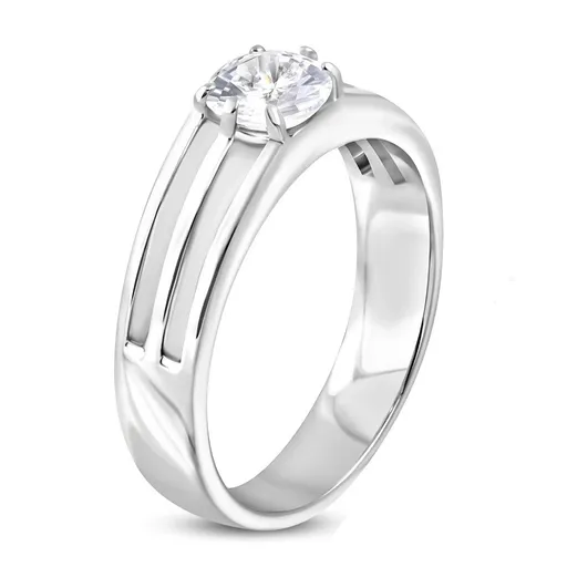 Prsten z chirurgické oceli - tři tenké kroužky se zirkonem uprostřed - Velikost: 60