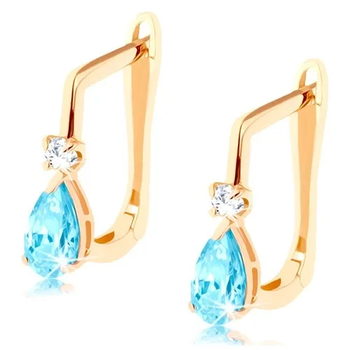 Náušnice ve žlutém 14K zlatě - modrá topasová kapka a čirý zirkon