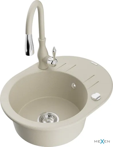 MEXEN/S Kevin granitový dřez 1 s odkapávačem včetně baterie Savita, béžová 6517-69-672601-69