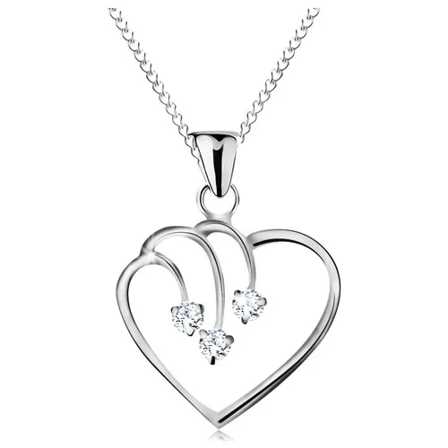 Náhrdelník ze stříbra 925, řetízek s přívěskem, kontura srdce, tři čiré zirkony