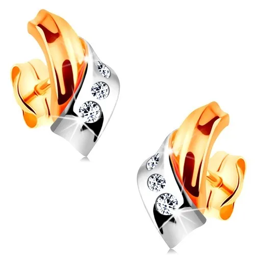 Náušnice ve 14K zlatě - prolínající se dvoubarevné oblouky, pás drobných zirkonů