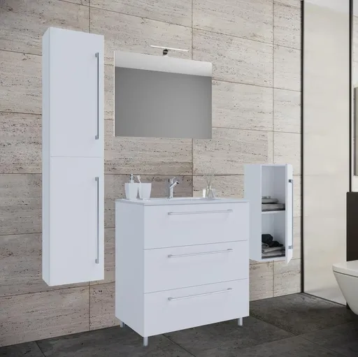 VCM 5dílná umyvadlová skříňka Badinos 3 zásuvky 80 cm se zrcadlem, střední a vysokou skříňkou, bílá