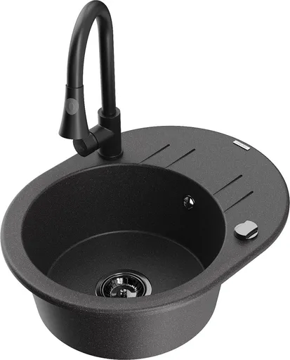 MEXEN/S Kevin granitový dřez 1-miska s odkapávačem včetně baterie Elia, černá kropenatá 6517-76-670101-70-B