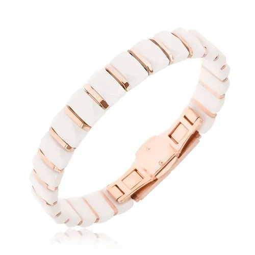 Náramek - bílé keramické obdélníkové články, pásky zlatorůžové barvy
