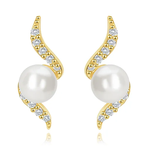 Náušnice ze žlutého 14K zlata - třpytivá spirála s perlou bílé barvy