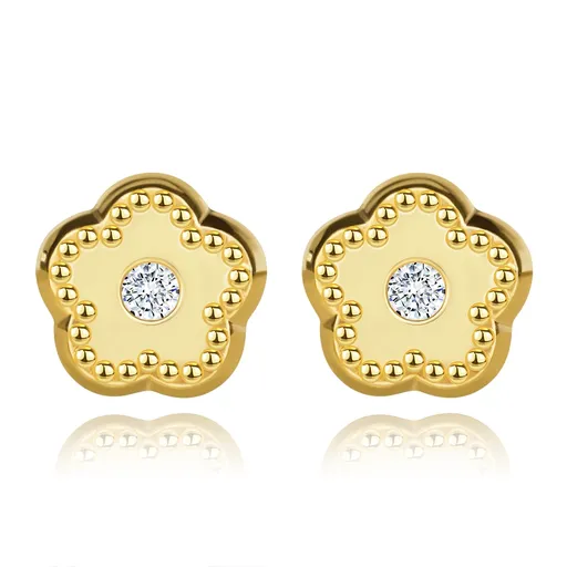 Puzetové náušnice ze žlutého zlata 585 - květina, čiré zirkony, vroubkovaný okraj