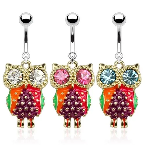Ocelový piercing do bříška, pestrobarevná sova, velké zirkonové oči - Barva zirkonu: Růžová - P