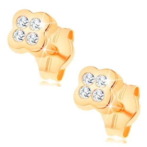 Zlaté puzetové náušnice 585 - kvítek vykládaný čirými zirkonky