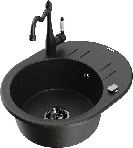 MEXEN/S Kevin granitový dřez 1-miska s odkapávačem včetně baterie Carla, černá/zlatá metalik 6517-75-670700-70-B