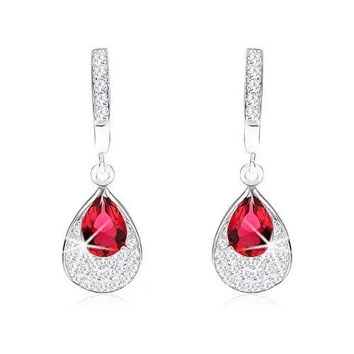 Náušnice stříbro 925, přívěsek s červeno-růžovým zirkonem, slza, čiré kamínky