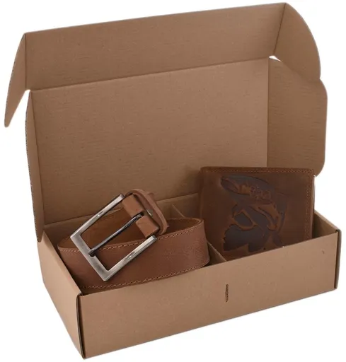 Mercucio rybářský dárkový set pstruh - pánská peněženka a kožený opasek světlý šitý