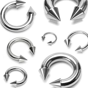 Piercing striebornej farby z chirurgickej ocele - podkova ukončená hrotmi, rôzne veľkosti - Rozmer: 1,6 mm x 8 mm x 3x4 mm
