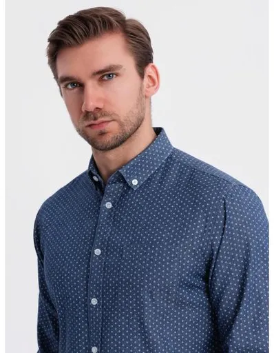 Pánská vzorovaná tenká džínová košile s kapsou - modrá V2 OM-SHDS-0179