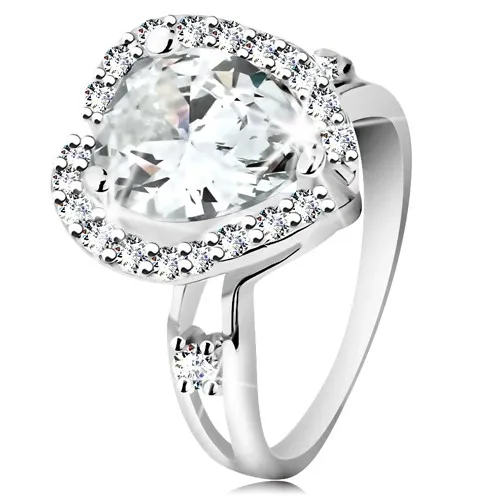 Stříbrný prsten 925, rozdvojená ramena, velká broušená slza, zvlněný lem - Velikost: 51