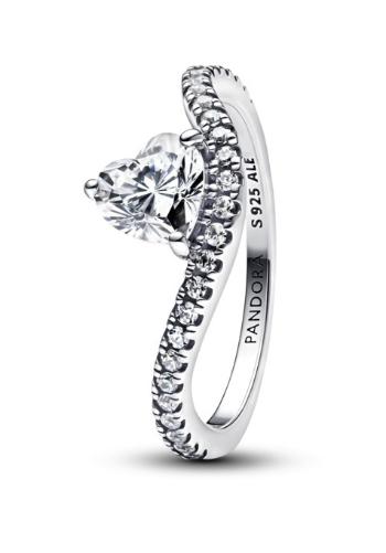 Pandora Stříbrný vlnitý prsten Srdce se zirkony Timeless 193661C01 56 mm