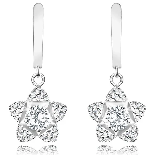 Rhodiované stříbrné 925 náušnice - květ, velký broušený zirkon, okvětní lístky vykládané zirkony