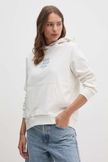 Bavlněná mikina Calvin Klein Jeans dámská, béžová barva, s kapucí, s aplikací, J20J224893