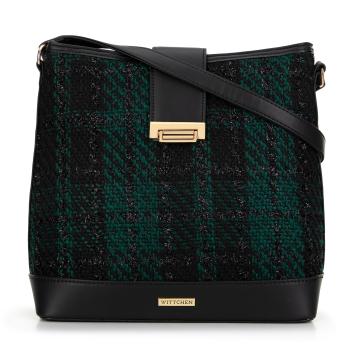 Damska torebka worek z tkaniny bouclé czarno - zielona 99-4Y-416-1Z