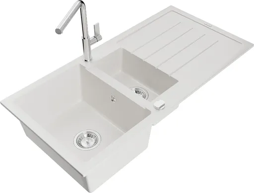 MEXEN/S Andres granitový dřez s odkapávačem včetně baterie Flora, bílá 6515-20-670401-00
