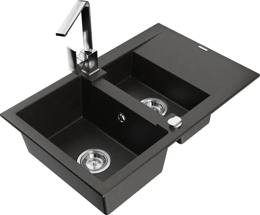 MEXEN/S Gaspar granitový dřez 1.5 s odkapávačem včetně baterie Rita, černý/zlatý  6507-75-670300-00