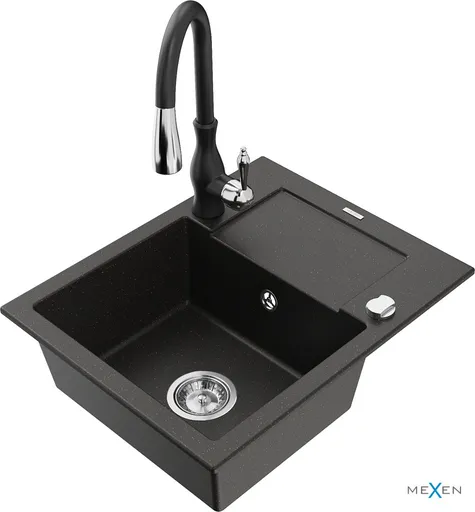 MEXEN/S Enzo granitový dřez 1 s odkapávačem včetně baterie Savita, černá/zlatá metalik 6506-75-672601-70