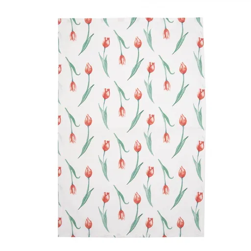 Bílá bavlněná kuchyňská utěrka s tulipány - 47*70 cm KT042.052