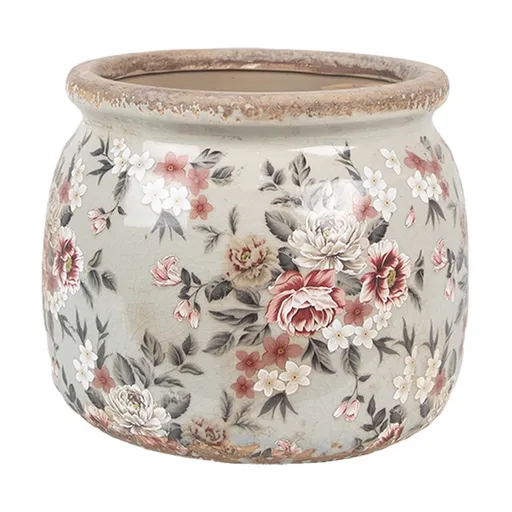 Zelený keramický dekorační květináč s květy Floria M - Ø 16*13 cm  Clayre & Eef