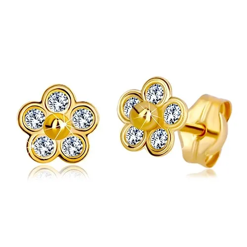 Zlaté náušnice 585 - pětilistý květ se zirkony a zlatou kuličkou uprostřed