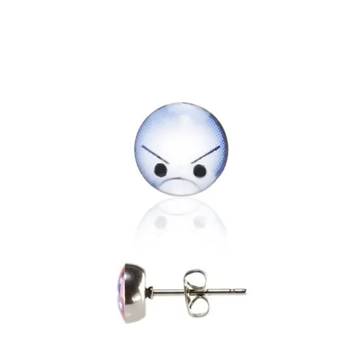 Ocelové náušnice stříbrné barvy, čirá glazura, rozzlobený smajlík