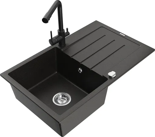 MEXEN/S Bruno granitový dřez s odkapávačem včetně baterie Duero, černá/zlatá metalik 6513-75-671600-70