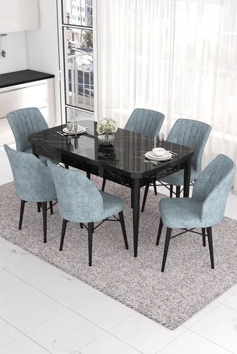 Extendable Dining Table & Chairs Set (7 Pieces) Eva - Black Marble, Grey