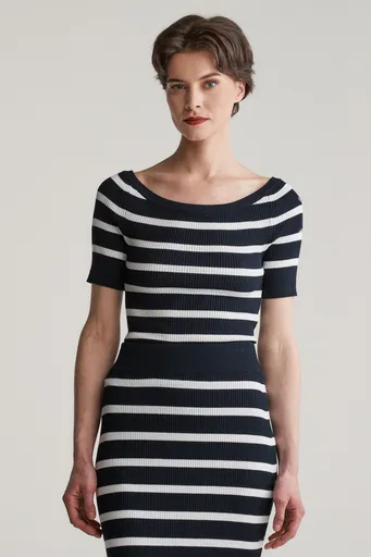 SVETR GANT STRIPED RIB KNIT OFF SHOULDER SS EVENING BLUE