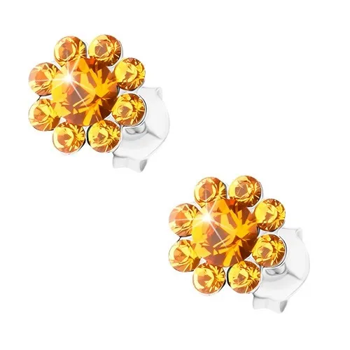 Náušnice ze stříbra 925, zářivý kvítek z oranžových krystalů Preciosa