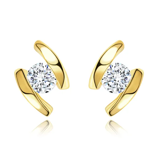 Náušnice ve žlutém 14K zlatě - dva obloučky, čirý briliant uprostřed