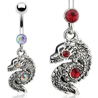 Piercing do pupíku - stočený had se zirkony - Barva zirkonu: Červená - R