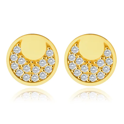 Náušnice ze 14K zlata - zrcadlově lesklé kroužky, tvar měsíčku vykládaný zirkony, puzetky