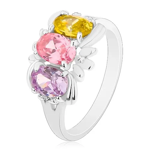 Prsten ve stříbrné barvě, tři barevné blýskavé ovály a drobné lístky - Velikost: 59