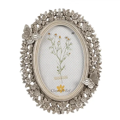 Stříbrný oválný fotorámeček s motýlky a květy - 16*2*21 cm / 10*15 cm 2F1114