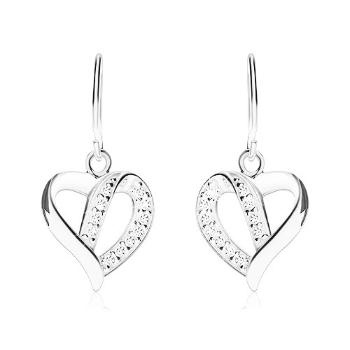 Strieborné náušnice 925, kontúra asymetrického srdca zdobená zirkónmi