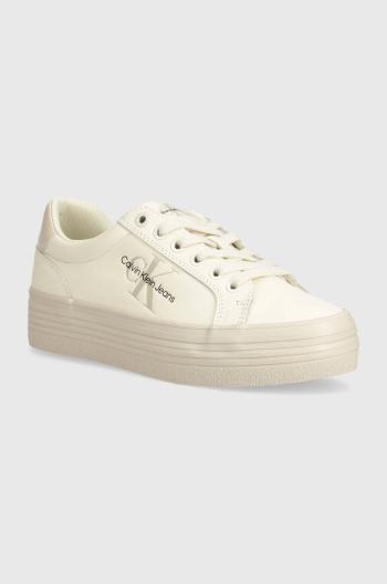 Kožené sneakers boty Calvin Klein Jeans VULC FLATFORM LACEUP LTH béžová barva, YW0YW01474