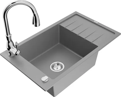 MEXEN/S Elias Elias granitový dřez 1-miska s odkapávačem včetně baterie Savita, šedá 6511-71-672601-00