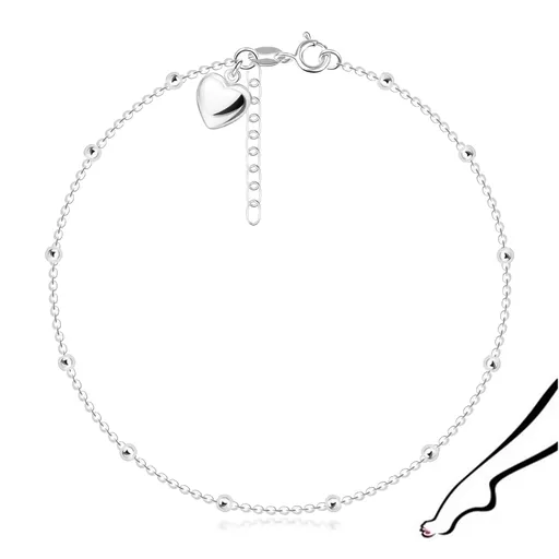 Stříbrný 925 náramek na nohu - lesklé srdce, řetízek s korálky