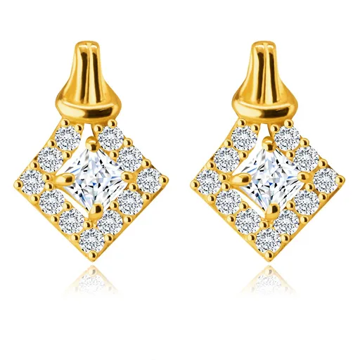 Zlaté 14K náušnice - zirkon zasazený v linii kosočtverce vykládaného čirými zirkony, smyčka, puzetky