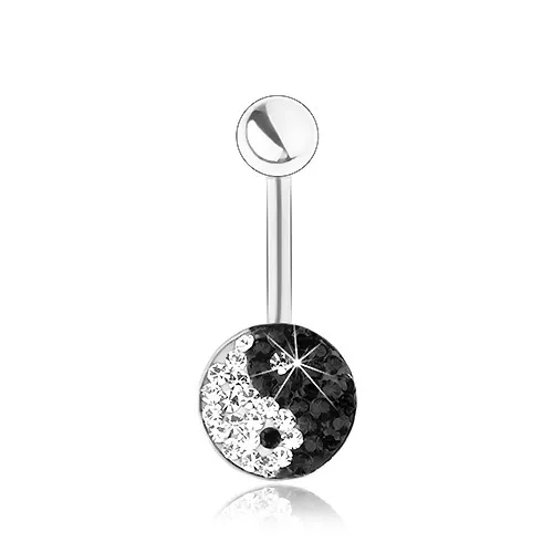 Piercing z chirurgické oceli, stříbrná barva, blýskavý symbol Jin a Jang, zirkonky
